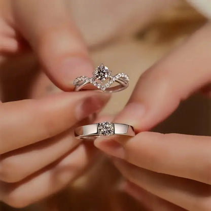 Cubic Synthetic Zirconia Wedding Ring Set - Adjustable Open Band