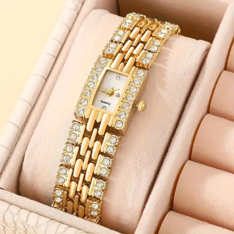Elegant Ladies' Gold-Tone Square Rhinestone Embellished Quartz Wrist Watch Set