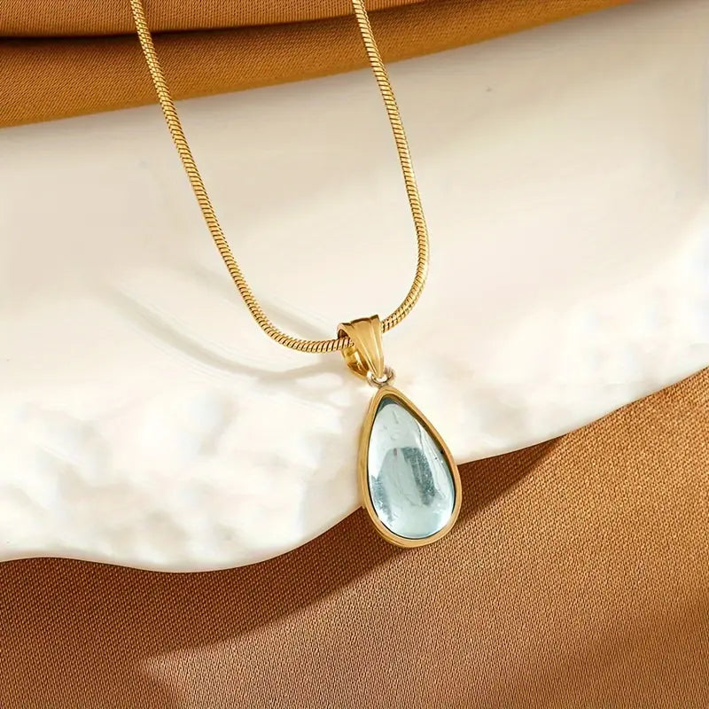 French-Inspired Water Drop Glass Pendant Necklace with 18K Gold Plated Stainless Steel