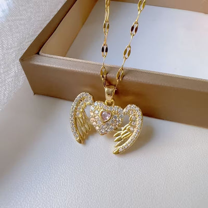 18K Gold Plated Vacuum Electroplated Heart with Flying Wings Pendant Stainless