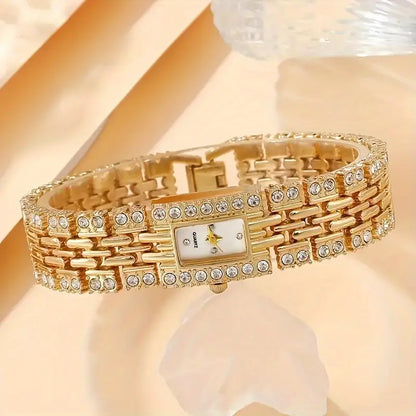 Elegant Ladies' Gold-Tone Square Rhinestone Embellished Quartz Wrist Watch Set
