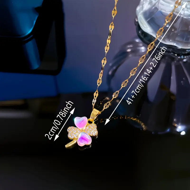Golden-Tone Stainless Steel Lucky Clover Pendant Necklace with Colorful Reflective