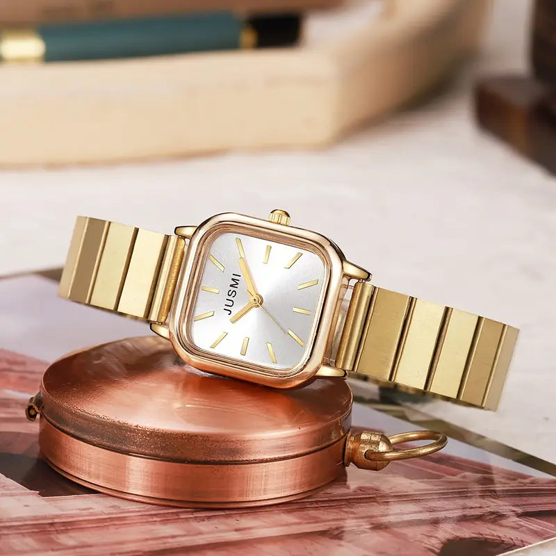 Elegant Golden-Tone Quartz Square Wristwatch for Women
