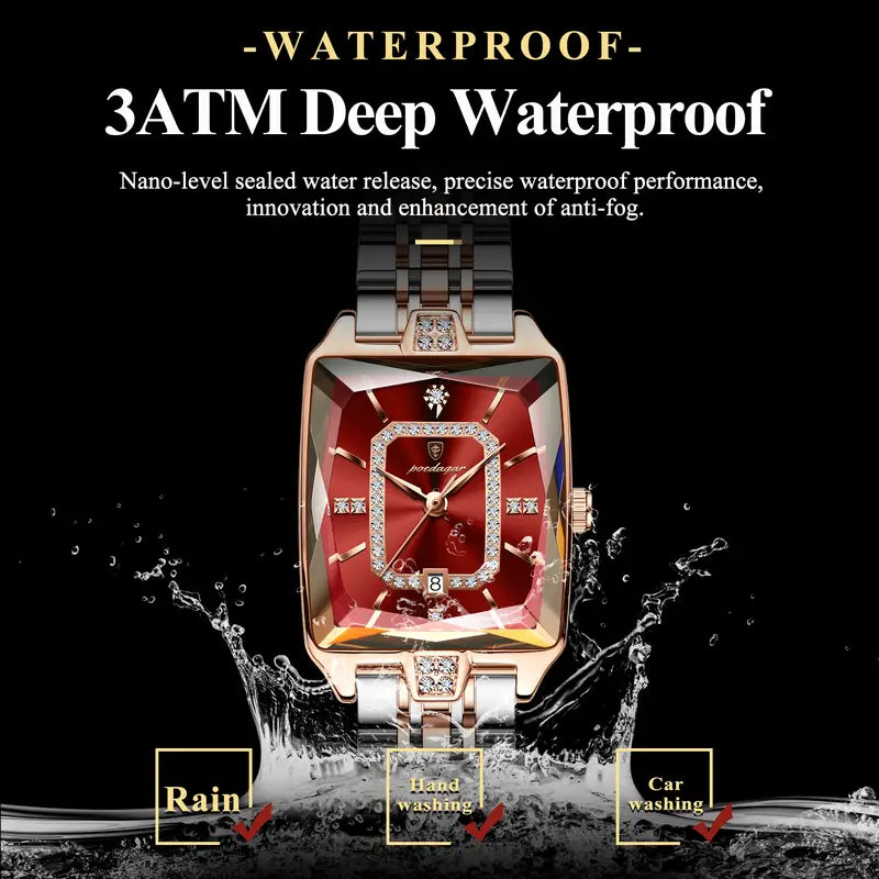 Elegant Waterproof Calendar with Date Display, Rectangular Stainless Steel Watch