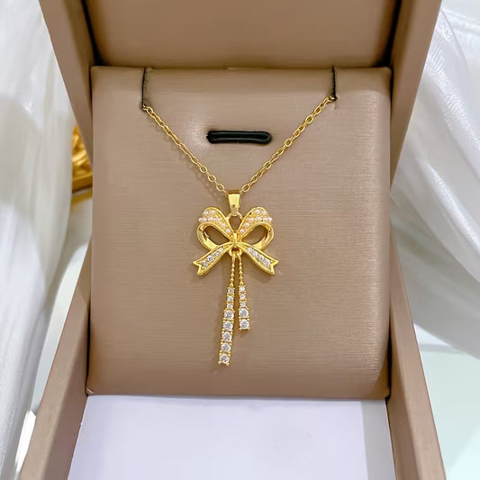 Stainless Steel Zirconia Fringe Bow Pendant Necklace for Women
