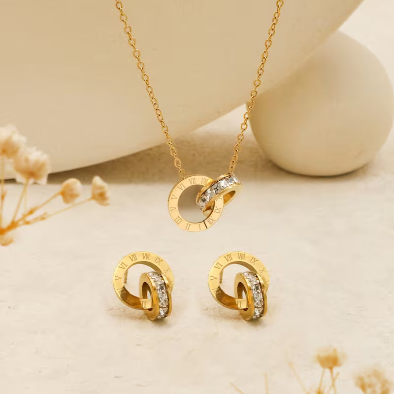 Exquisite And Charming Double Ring Stainless Steel Women's Earring Necklace Set