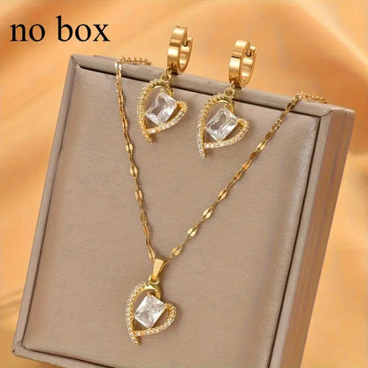 Stainless Steel Gold-Plated Cubic Zirconia Heart Earrings, Featuring a Light Luxury