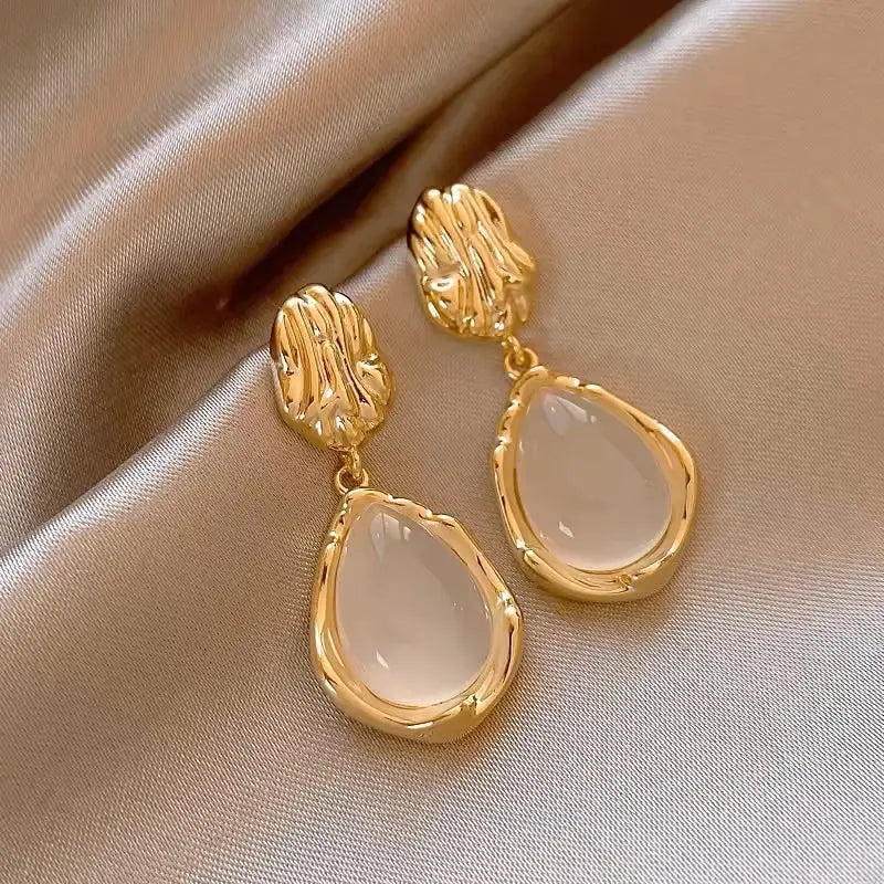 Golden Oval Drop Earrings, Premium Irregular Synthetic Dangle Earrings