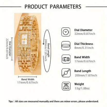 Elegant Ladies' Gold-Tone Square Rhinestone Embellished Quartz Wrist Watch Set