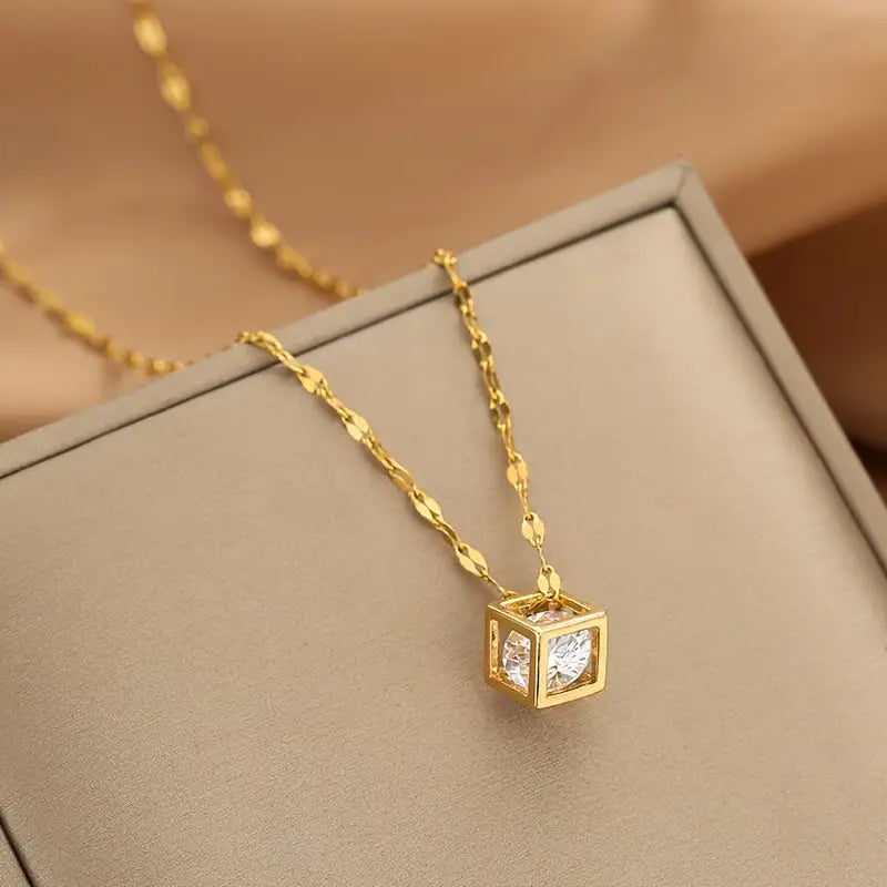 Gold-Plated Stainless Steel Magic Cube Pendant with Sparkling Synthetic Zirconia