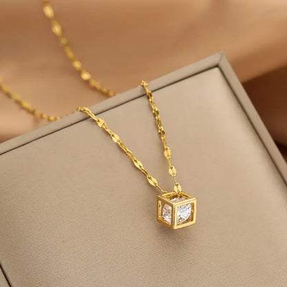 Gold-Plated Stainless Steel Magic Cube Pendant with Sparkling Synthetic Zirconia