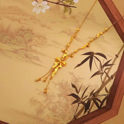 Elegant 18K Golden-Plated Bow Pendant Necklace for Women
