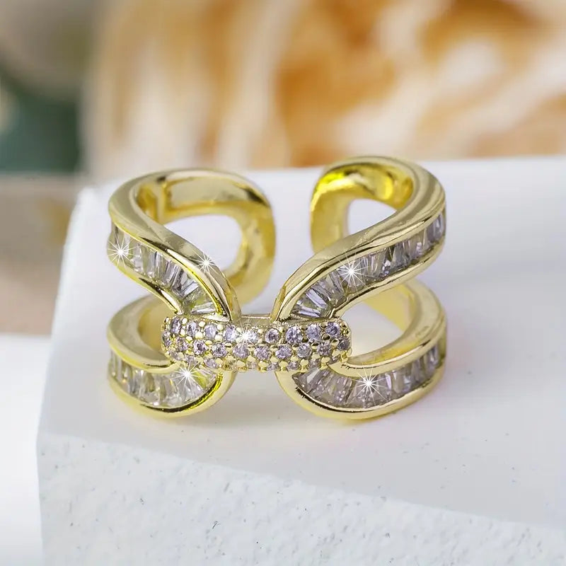 Golden Plated Geometric Cross Ring with Cubic Zirconia