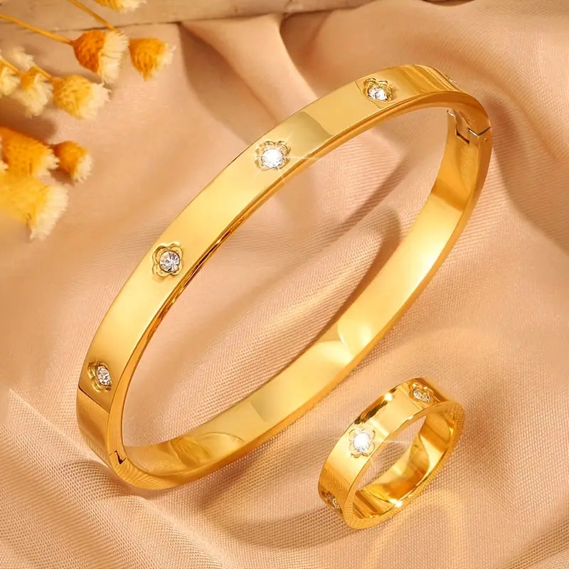 Light Luxury Stainless Steel Bangle Bracelets with Cubic Zirconia Stones