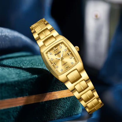 Women's Golden Quartz Watch - Fashionable Square Dial with Crystal Accents