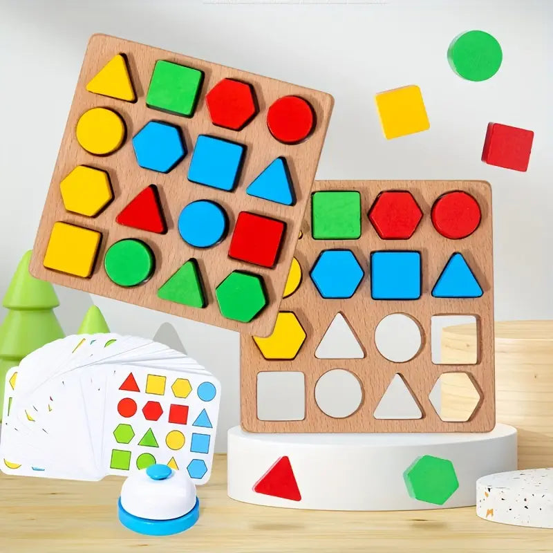 Wooden Dual-Player Battle Game - Geometric Shape Matching & Building Blocks