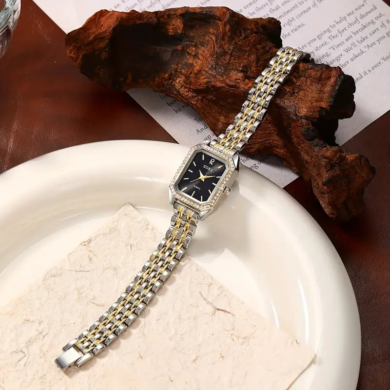 Elegant Square Dial with Black face & Clear crystals