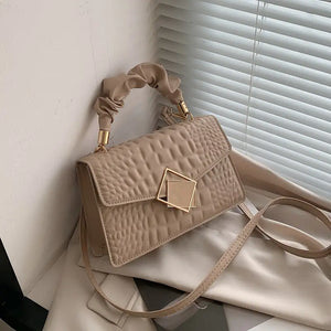 Solid Color Textured Shoulder Bag, Premium Trendy Crocodile
