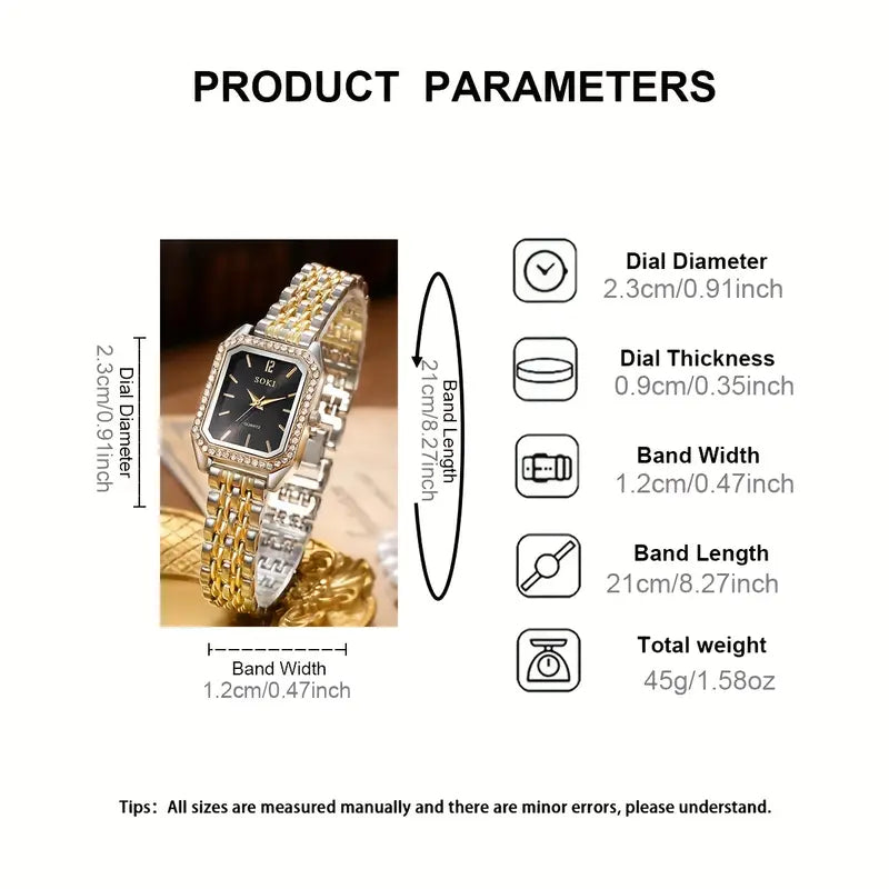 Elegant Square Dial with Black face & Clear crystals