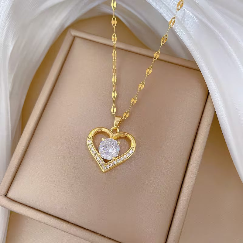 Stainless Steel -Inlaid Heart Pendant Necklace for Women