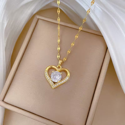 Stainless Steel -Inlaid Heart Pendant Necklace for Women