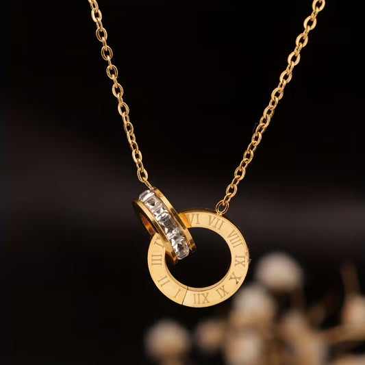 A Stainless Steel 18K Golden Plated Roman Numeral Double Circle Pendant
