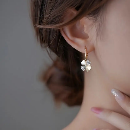 Rhinestone Clover Earrings for Women Elegant Women Golden Drop Earrings