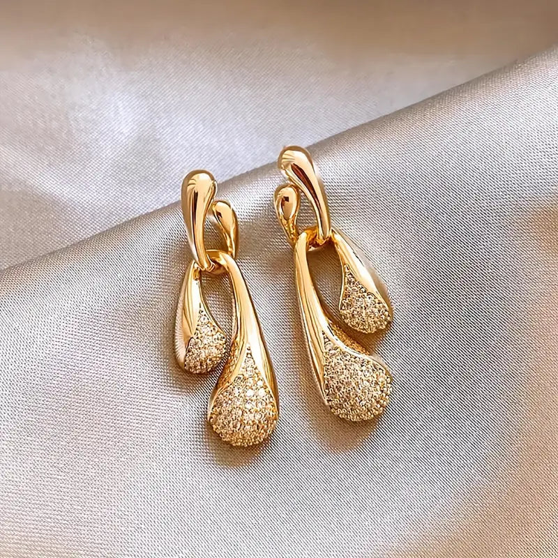 Golden-Tone Drop Earrings with Irregular Glass & Water Droplet Design