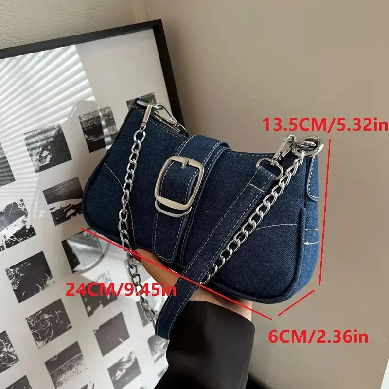Denim Shoulder Bag with Chain Strap Stylish Blue Crossbody Bag