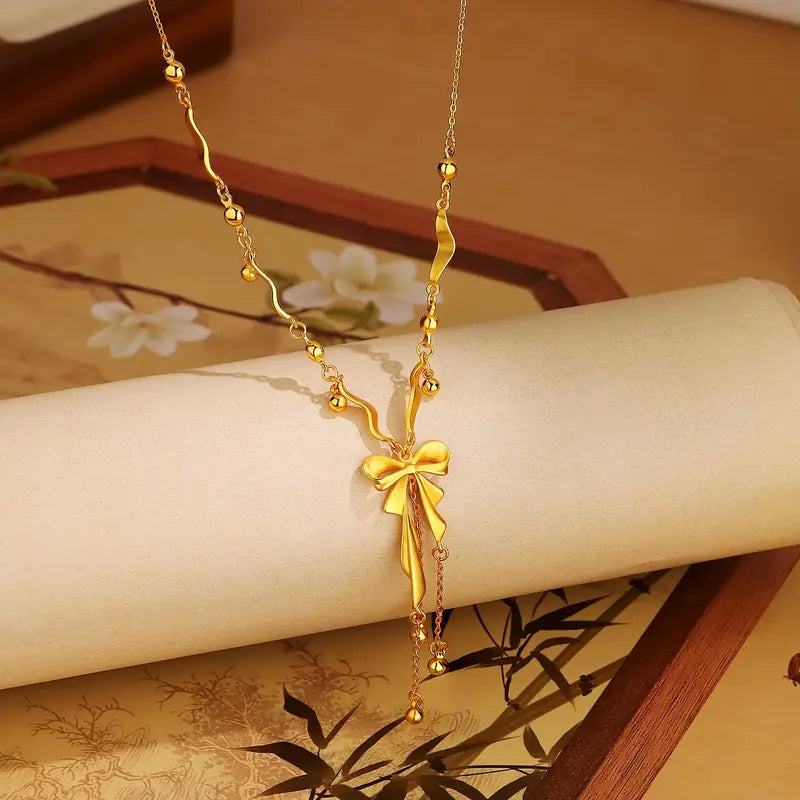 Elegant 18K Golden-Plated Bow Pendant Necklace for Women