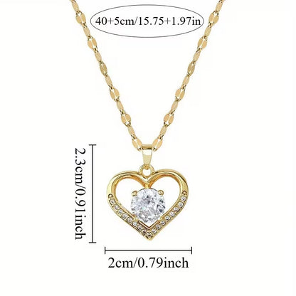 Stainless Steel -Inlaid Heart Pendant Necklace for Women