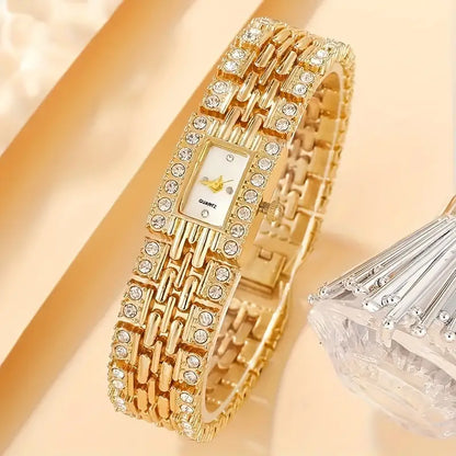 Elegant Ladies' Gold-Tone Square Rhinestone Embellished Quartz Wrist Watch Set