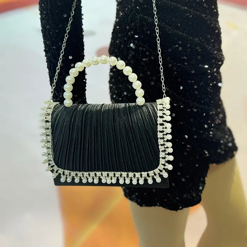 Elegant Pearl and Crystal Evening Clutch Bag - Large Capacity