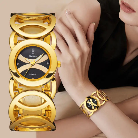 Hollow Circle Design Watch with Rhinestone Accents, Luminous Black Dial