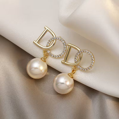Unique English Letter With Imitation Pearl Pendant Stud Earrings Alloy