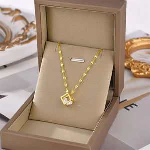 Gold-Plated Stainless Steel Magic Cube Pendant with Sparkling Synthetic Zirconia