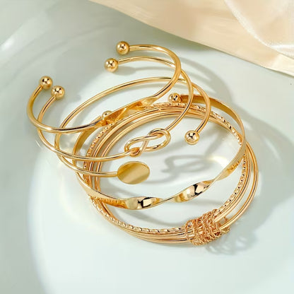 Vintage Wide Bracelet Set, Minimalist Geometric Open Beaded Golden Polished Bangle Jewelry