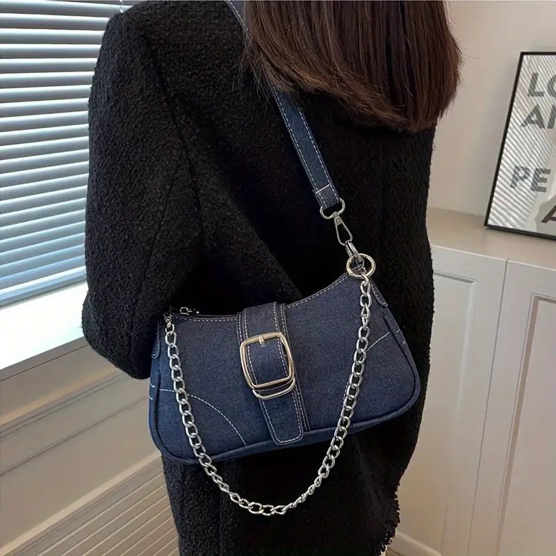 Denim Shoulder Bag with Chain Strap Stylish Blue Crossbody Bag