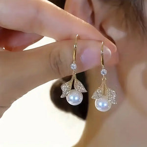 Vintage-Inspired Zinc Alloy Leaf & Faux Pearl Drop Earrings with Copper Posts