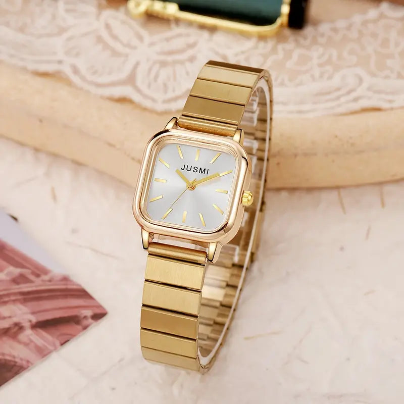 Elegant Golden-Tone Quartz Square Wristwatch for Women