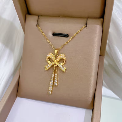 Stainless Steel Zirconia Fringe Bow Pendant Necklace for Women