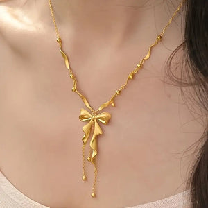 Elegant 18K Golden-Plated Bow Pendant Necklace for Women