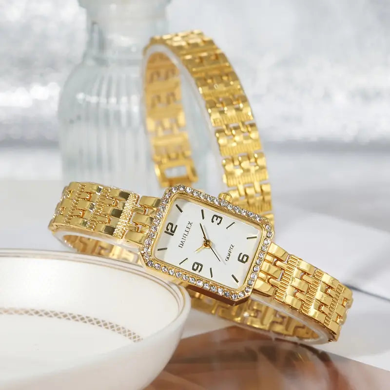 2pcs luxury Golden Women's watch set with bracelet and bangle