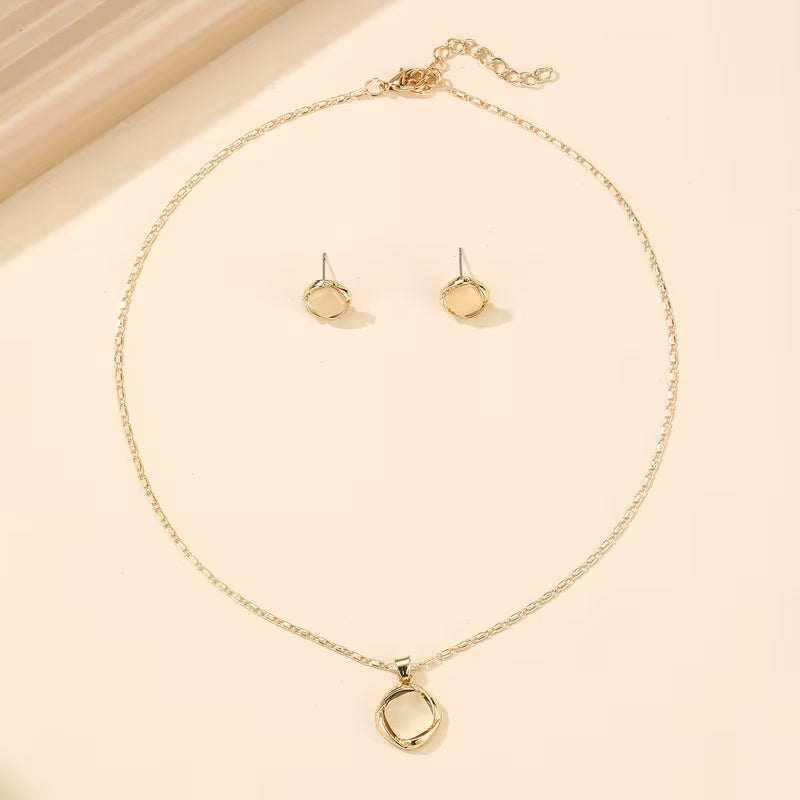 Rotating Round-Corner Square Cat's Eye Pendant Necklace and Earrings Jewelry Set