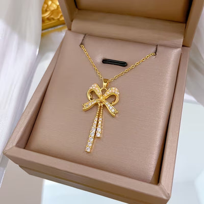 Stainless Steel Zirconia Fringe Bow Pendant Necklace for Women