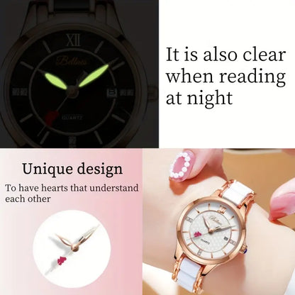 Luxury Ceramic Women's Watch with Rose Golden Case & White Dial