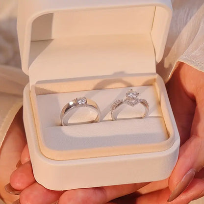 Cubic Synthetic Zirconia Wedding Ring Set - Adjustable Open Band