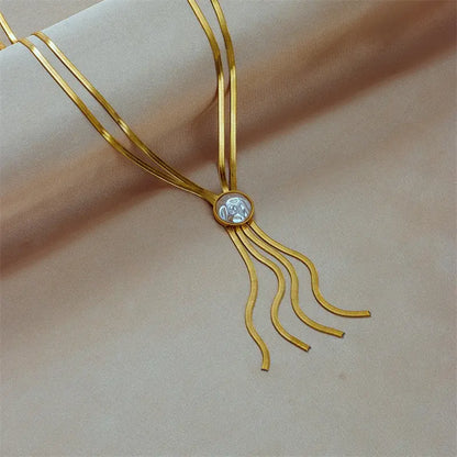 Stainless Steel Multi-Layer Necklace with Four-Tail Design & Imitation Pearl Pendant