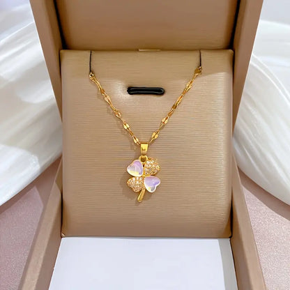 Golden-Tone Stainless Steel Lucky Clover Pendant Necklace with Colorful Reflective