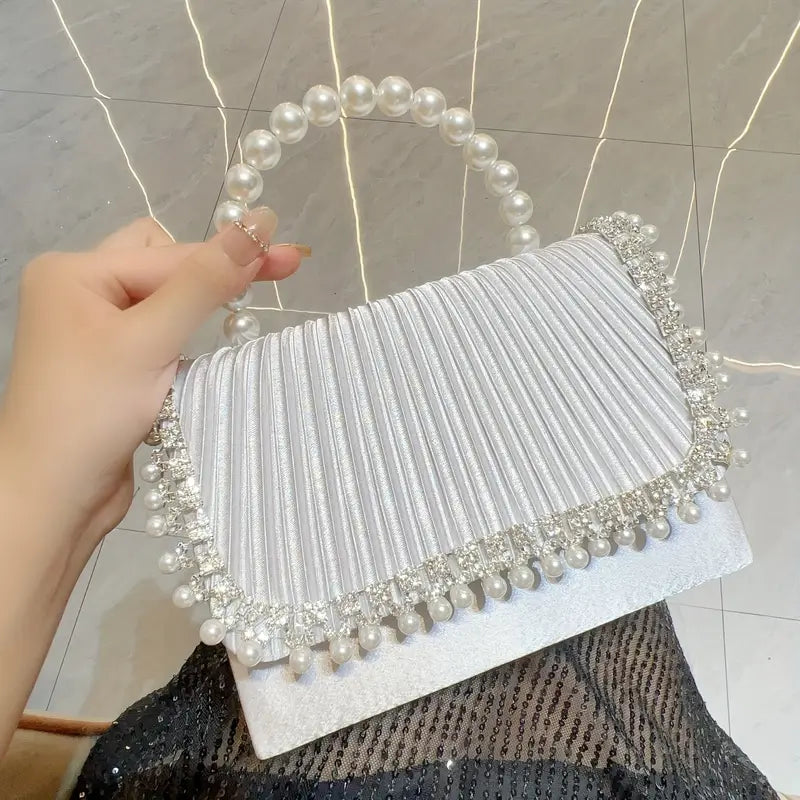 Elegant Pearl and Crystal Evening Clutch Bag - Large Capacity